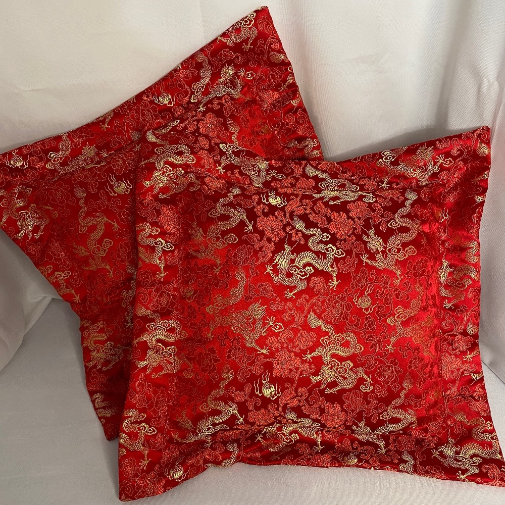 Silk Brocade Red and Gold Pillow Chinese Gold Dragon and Floral Motifs